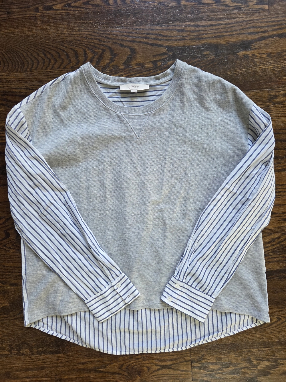 LOFT Women’s Light Gray Pullover with Blue-White Striped Cotton Sleeves And Back